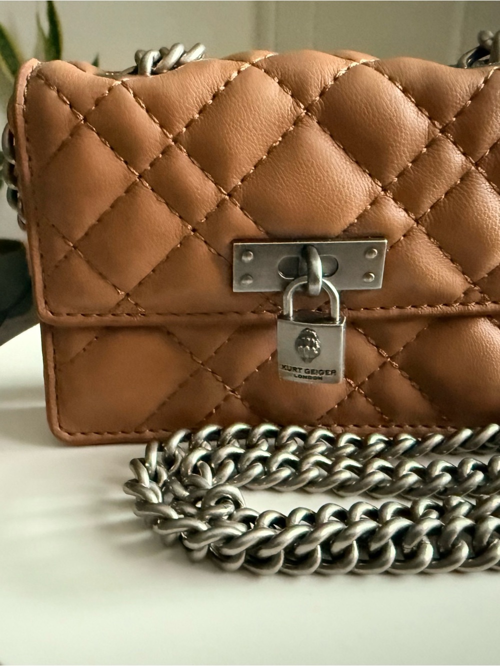 Kurt Geiger Quilted Leather Crossbody with Silver Chain and Padlock - Tan